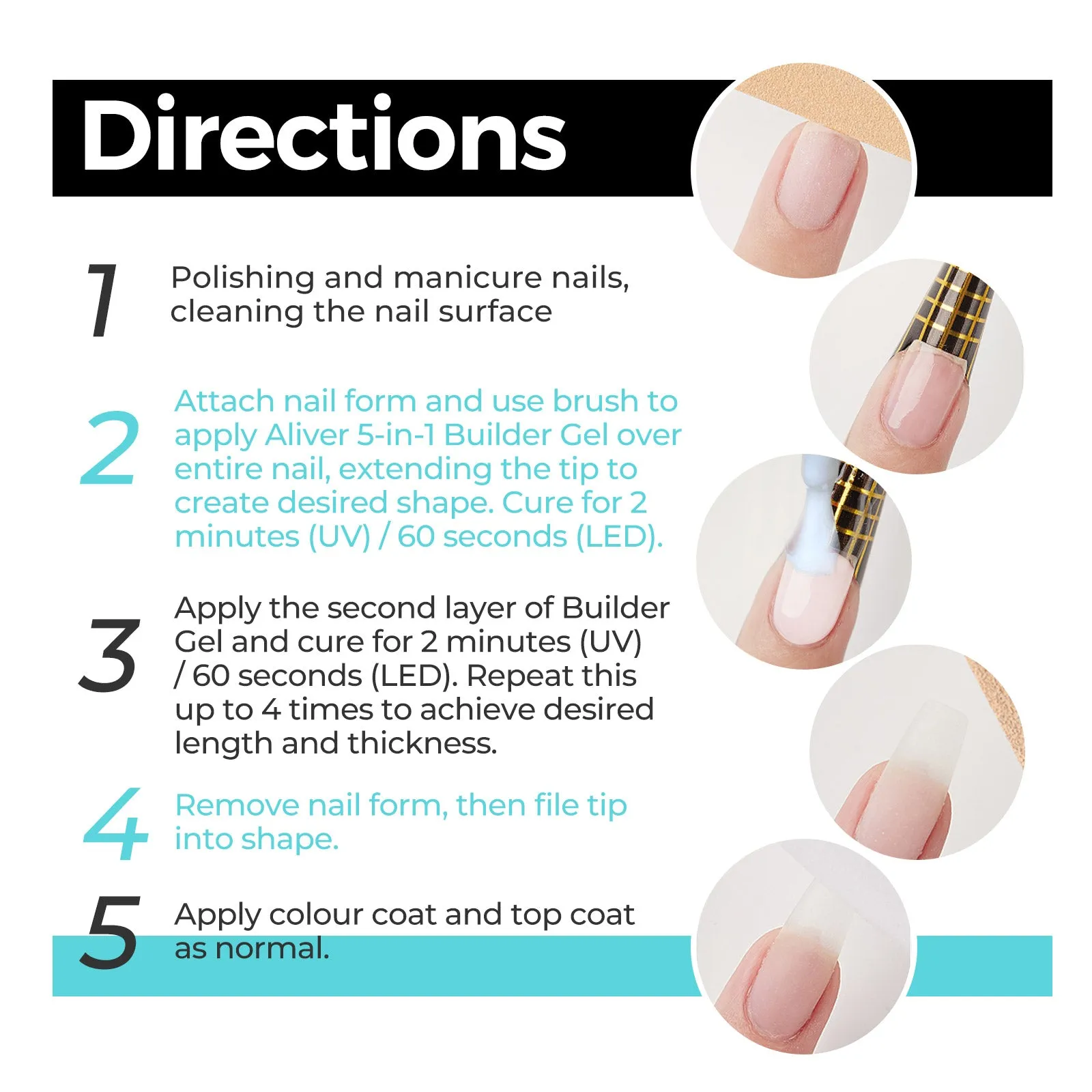 Aliver 5 in 1 Builder Gel for Nails, Pink/Clear/White
