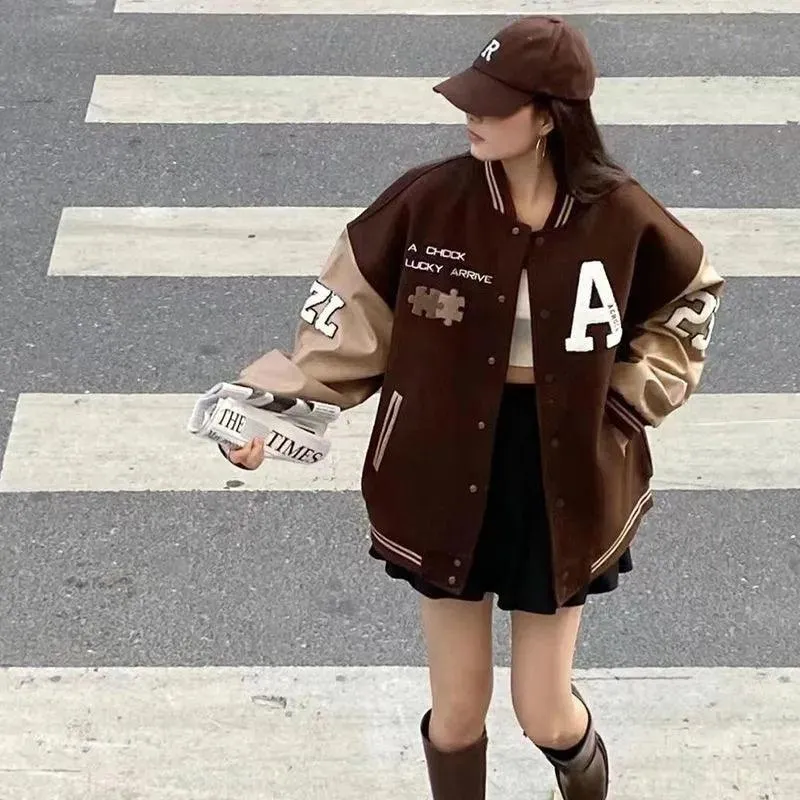 Baseball Style Letter Printed Women Bomber Jacket