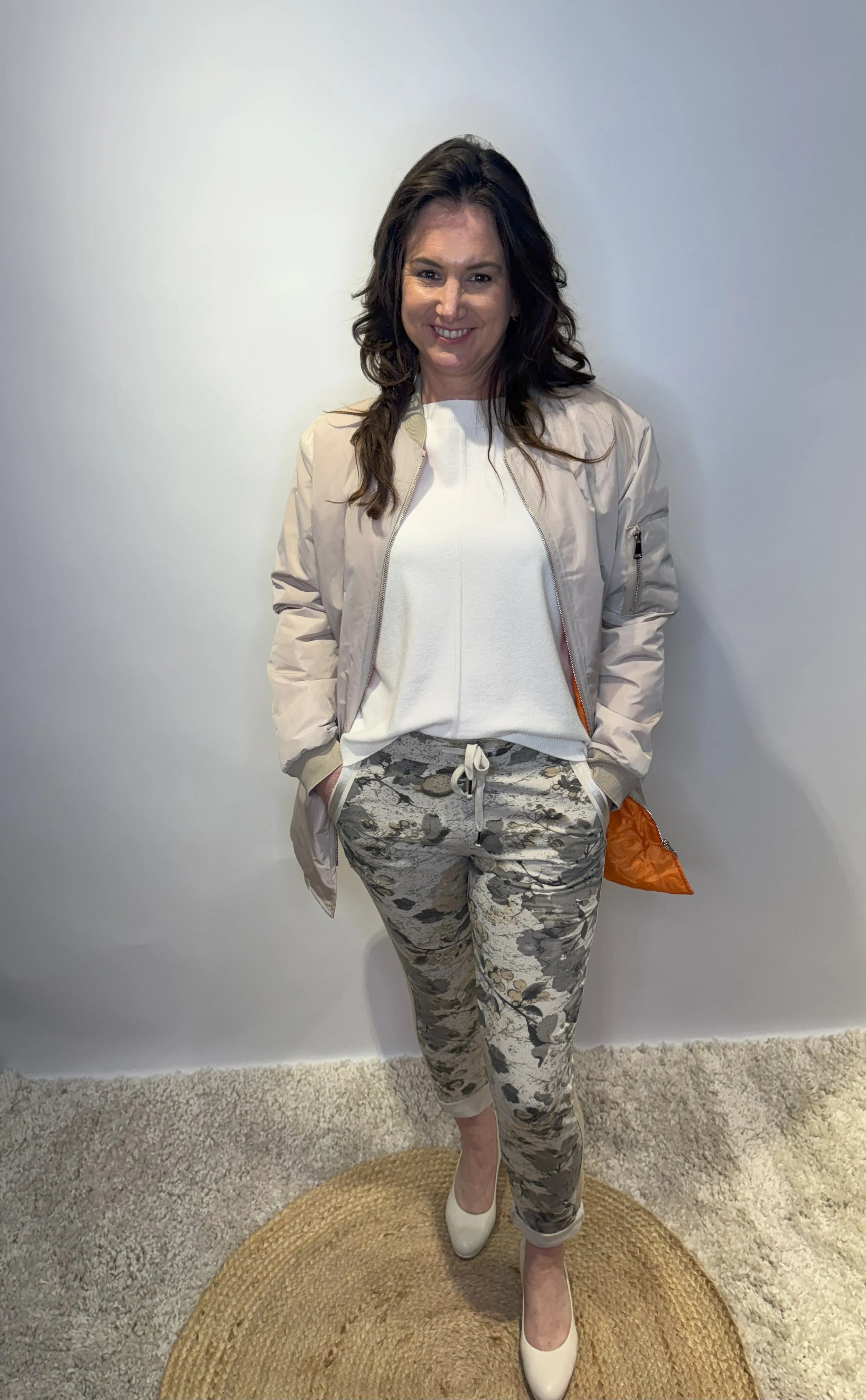 Beige Bomber Jacket with Zip Pocket Detail