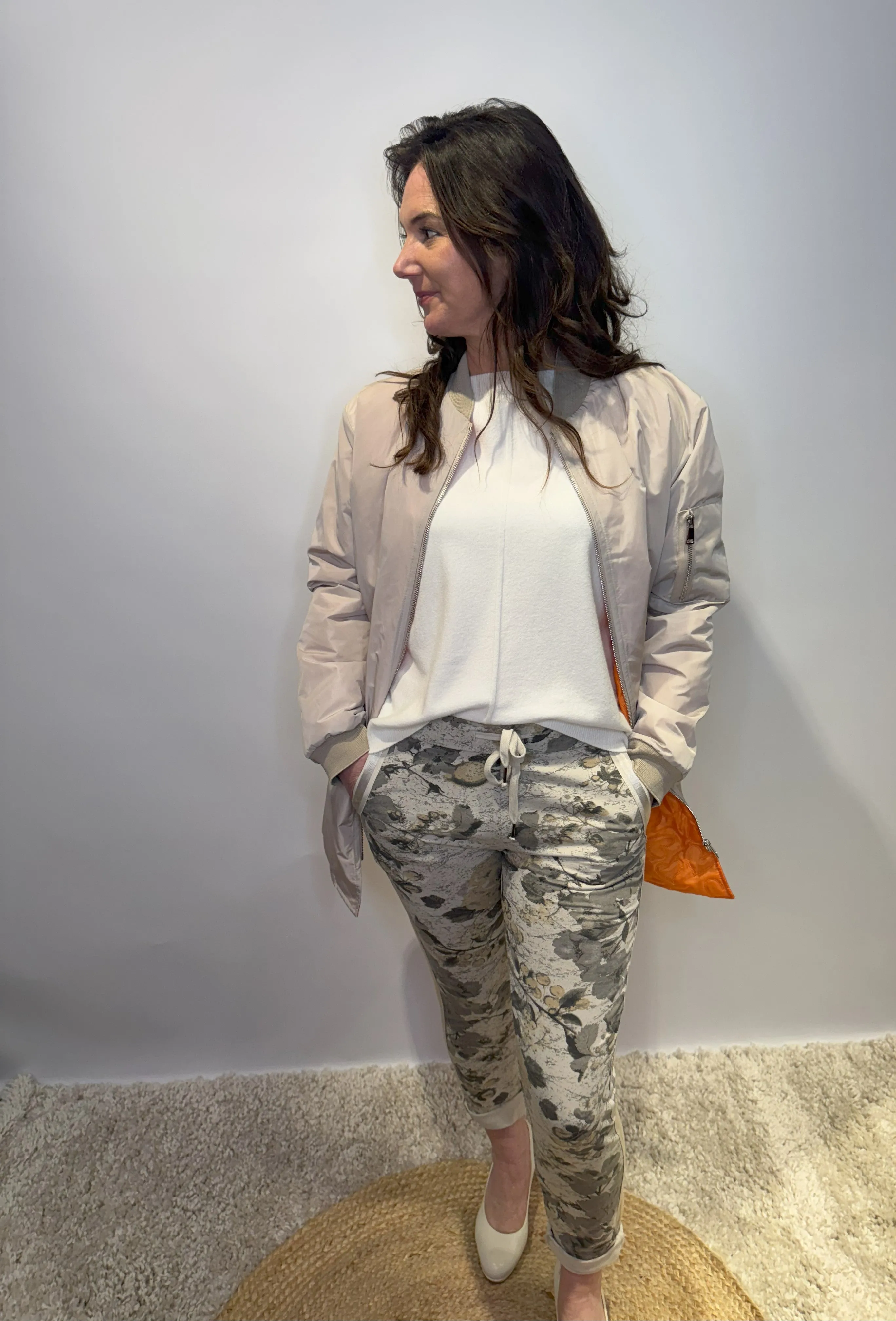 Beige Bomber Jacket with Zip Pocket Detail