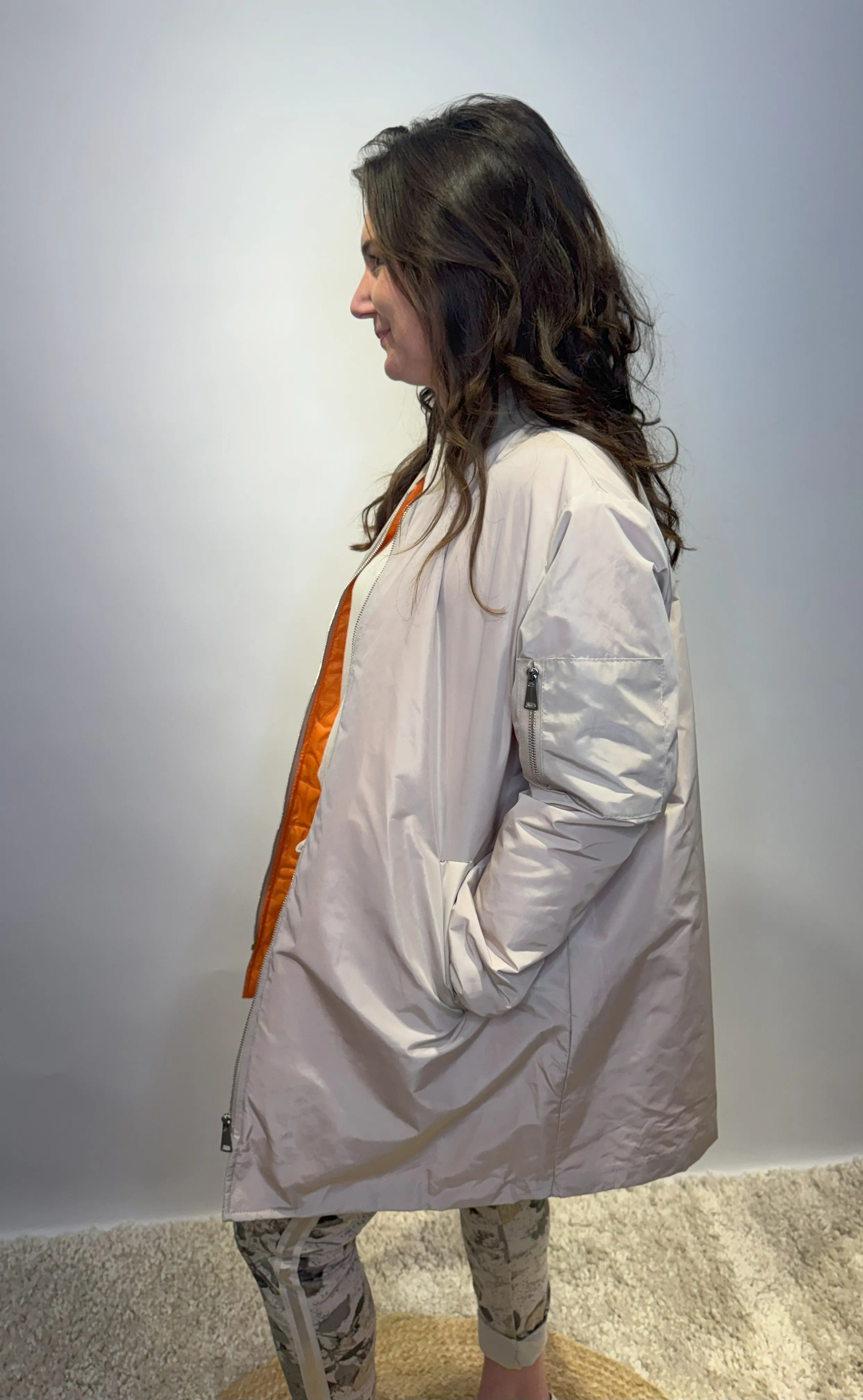 Beige Bomber Jacket with Zip Pocket Detail
