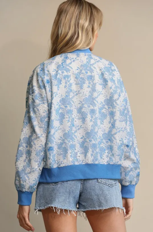 Blue Eyelet Printed Bomber Jacket