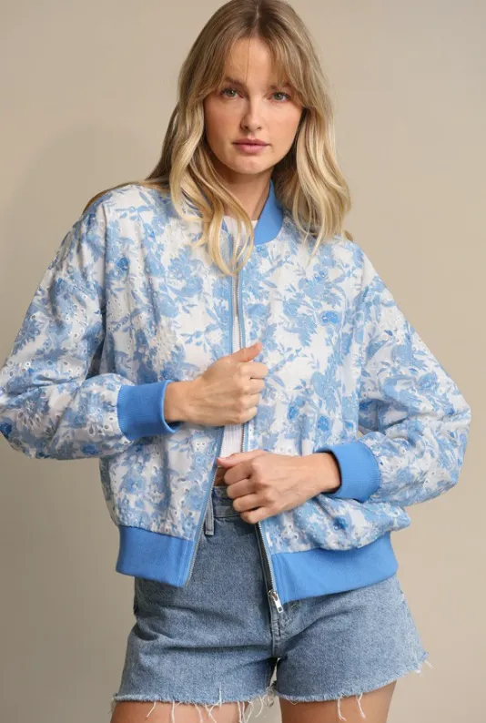 Blue Eyelet Printed Bomber Jacket