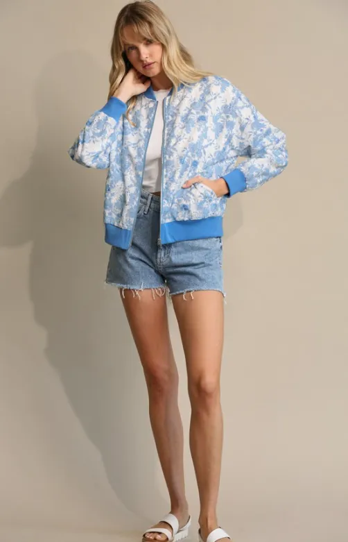 Blue Eyelet Printed Bomber Jacket