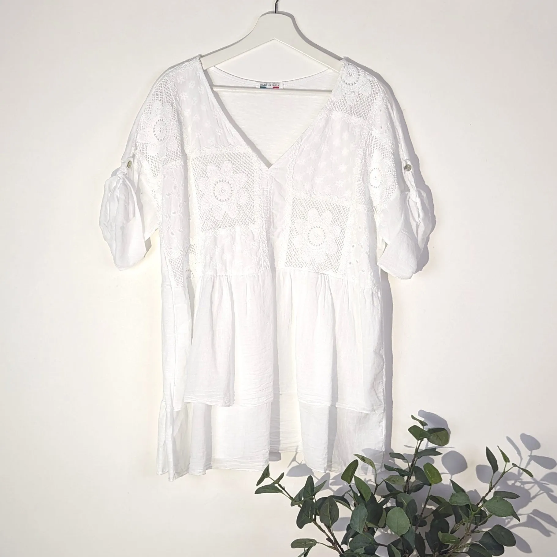 Double layer cotton top with crochet flower detail (S-M)