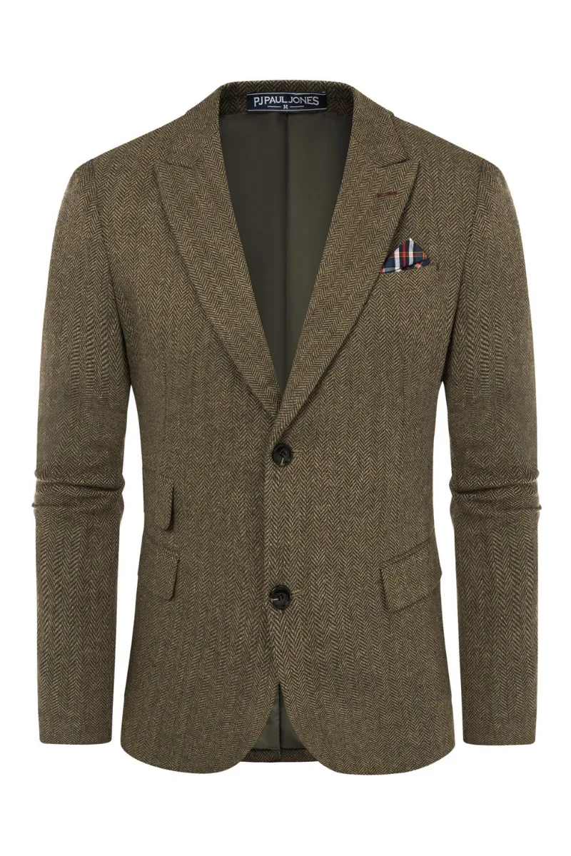 Men's Herringbone Two Button Blazer British Wool Blend Vintage Sport Coats