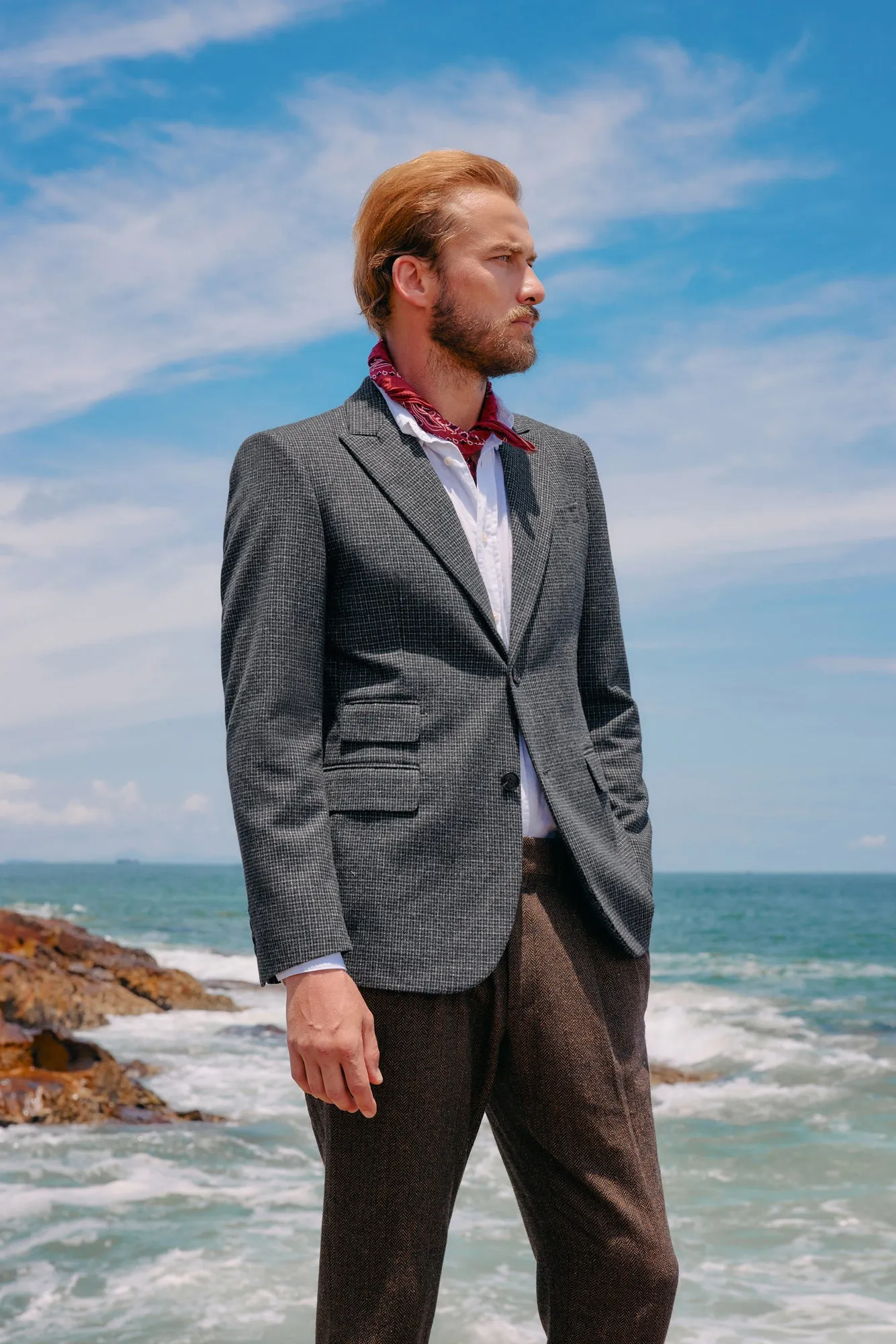 Men's Herringbone Two Button Blazer British Wool Blend Vintage Sport Coats