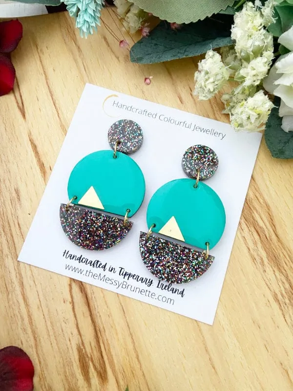 Sparkle Dangle Earrings in Black, Green & Pink