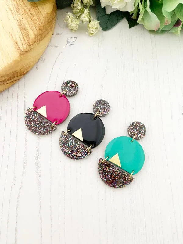 Sparkle Dangle Earrings in Black, Green & Pink