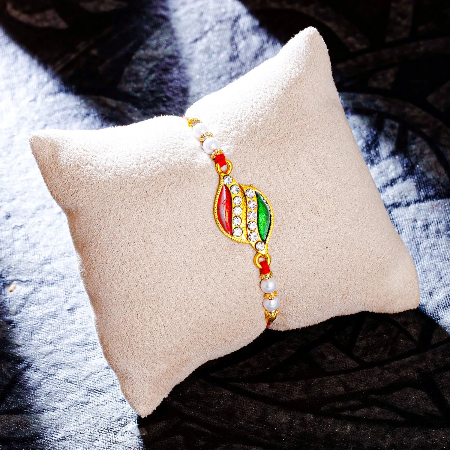 Sukkhi Glitzy Gold Plated Meenakari Rakhi with Roli Chawal and Raksha Bandhan Greeting Card For Men